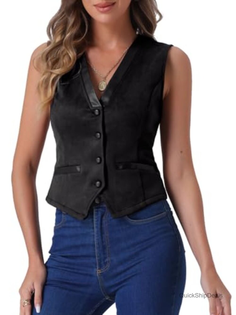 Faux Suede Vest Women's V Neck Button Down Sleeveless Jacket